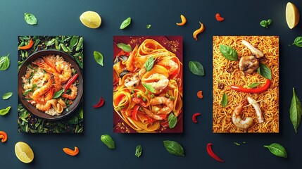 Three Asian cuisine dishes, shrimp, pasta, and noodles,  on dark background with herbs, lemon, and chilies, flat lay food styling