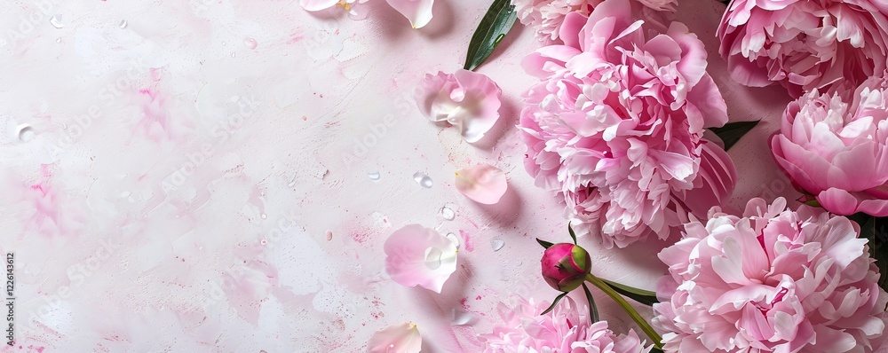 Poster border of pink peonies and petals on a textured pink background with space for text