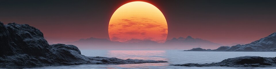 Mesmerizing Sunset Over Serene Mountain Lake with Misty Reflection and Vibrant Orange Sky Featuring Stunning Natural Landscape and Tranquil Atmosphere