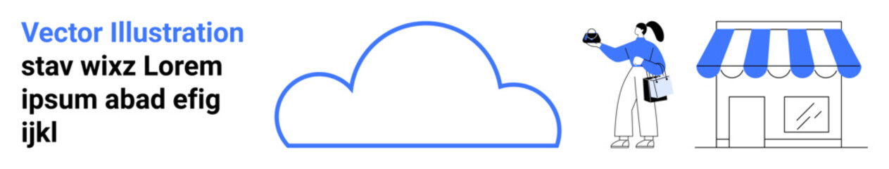 Cloud outline symbolizes digital storage and services, shopper with bag near retail storefront blends tech and shopping. Ideal for e-commerce, data storage, cloud services, retail strategy, customer