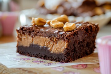 Delicious layered chocolate brownie with creamy peanut butter filling, garnished with nuts, in a cozy kitchen setting