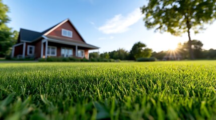 Red House with Lush Green Lawn at Sunset