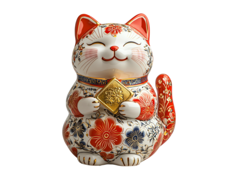 Traditional Japanese Maneki-neko Figurine on Clear Background