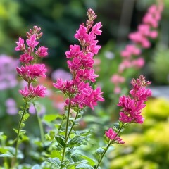 Obraz premium Bright pink flowers blooming beautifully in a lush garden.