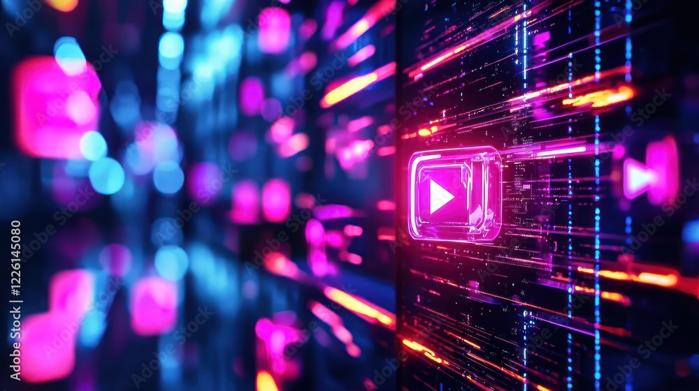 Poster neon digital play button in cyberspace: streaming data flow