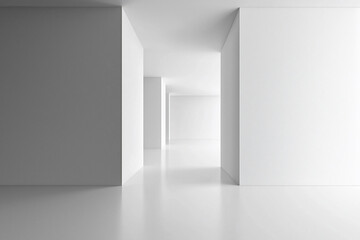 Minimalist interior design showcasing a spacious, bright corridor with white walls and smooth floors