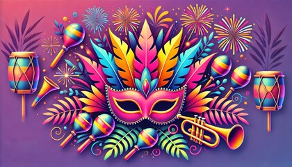 Vibrant Carnival Mask with Colorful Feathers Fireworks and Percussion Instruments in a Festive Celebration Scene