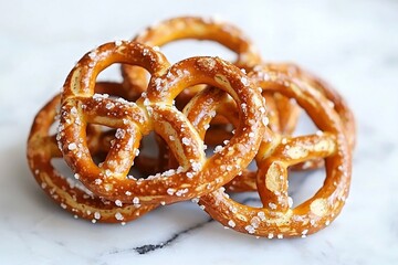 A close-up of freshly baked, salted pretzels arranged on a marble surface, perfect for snacking