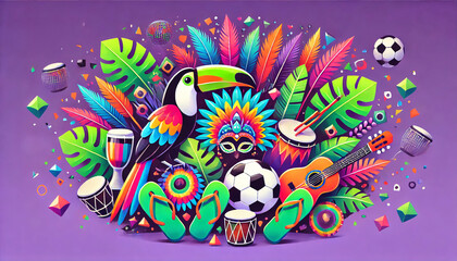 Tropical Brazil Carnival with Colorful Toucan Feathers Drums and Festive Elements on a Bright Purple Background