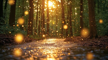 Obraz premium Magical sunset illuminating forest stream with fireflies.