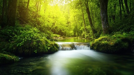 Obraz premium Tranquil Forest Stream with Sunlight filtering through Lush Green Trees, Flowing water and mossy rocks