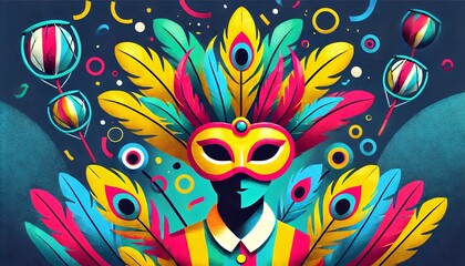 Smiling Carnival Performer with a Colorful Mask and a Feathered Headdress Surrounded by Floating Decorations on a Festive Blue Background