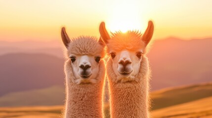 A close-up of two llamas standing together on a hill, with their backs facing the camera, during sunset. Their fur is glowing and they appear to be in a state of calmness and peace.