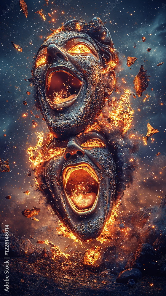 Poster fiery masks emerging from a cosmic backdrop with intense expressions, surrounded by glowing embers, 