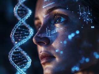 A woman's profile is enveloped by digital DNA strands and electronic elements, conveying a sense of futuristic connectivity and scientific innovation, in a sleek design.