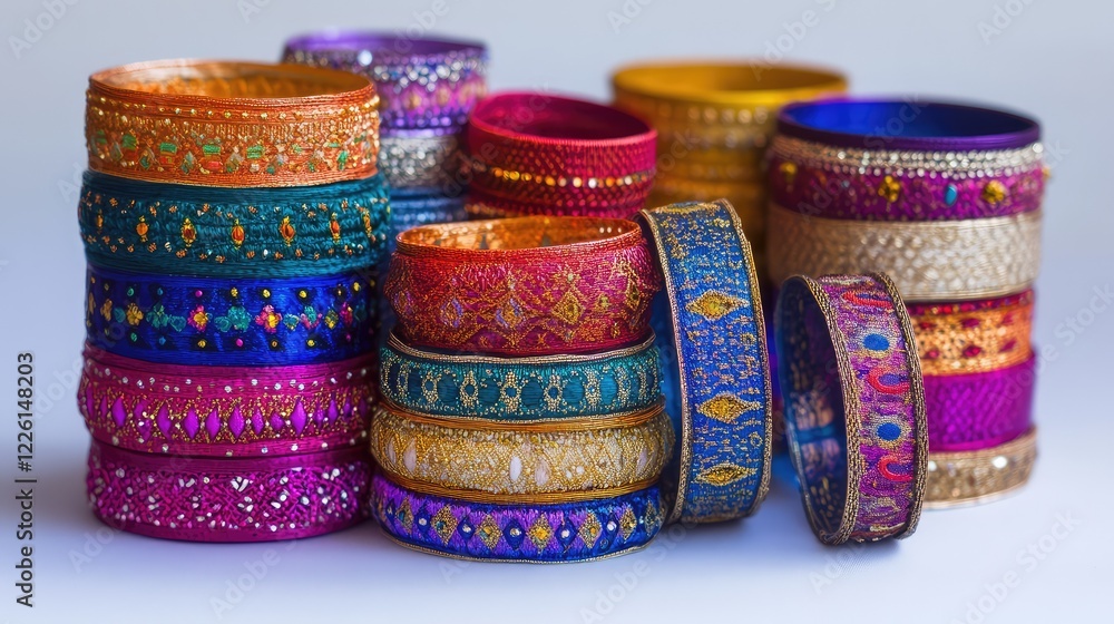 Poster a collection of colorful bangles arranged in a gradient pattern on a plain white surface, with ample