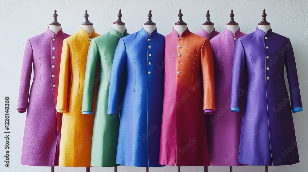 Poster a collection of colorful sherwanis arranged in a gradient pattern, displayed on a flat background wi