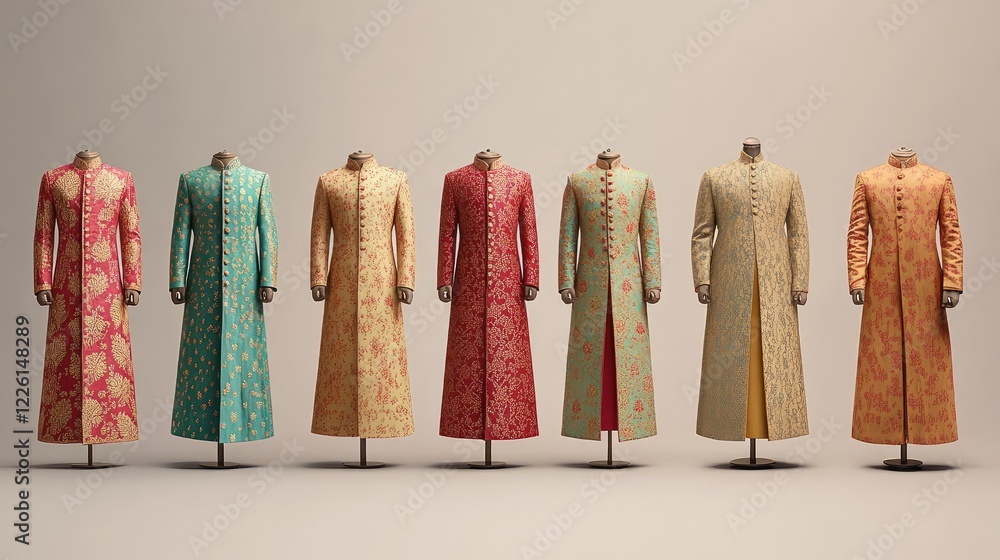 Poster a collection of colorful sherwanis arranged in a gradient pattern, displayed on a flat background wi