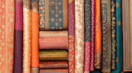 A collection of colorful Indian textiles, silk, and cotton fabrics arranged artistically, leaving plenty of space in the middle.
