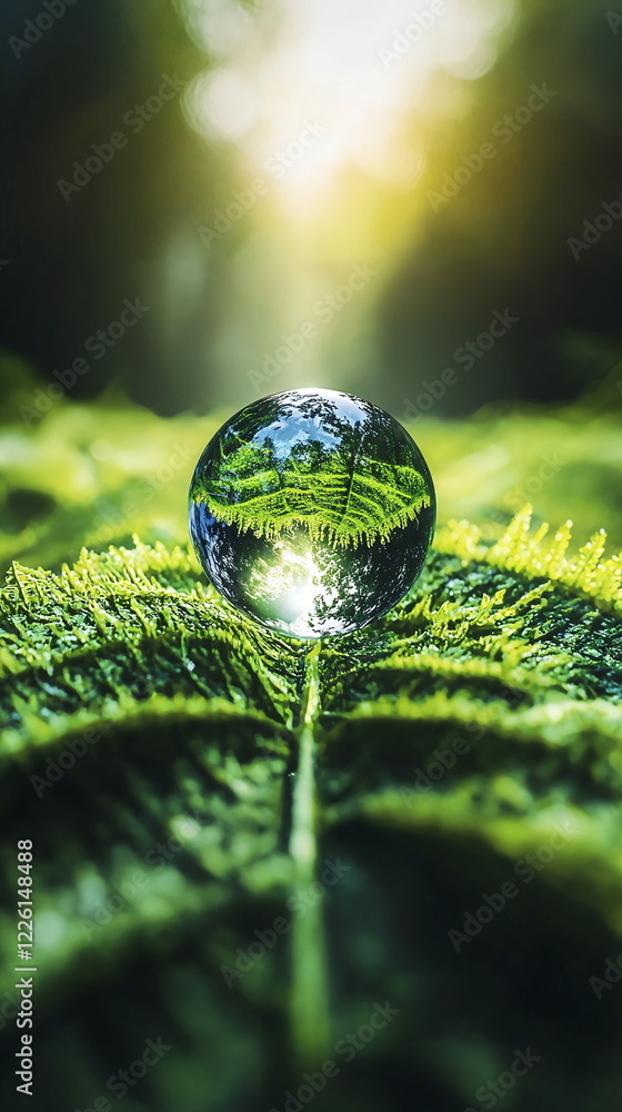 Poster glass sphere resting on vibrant green leaves in a lush forest setting with sun rays illuminating the