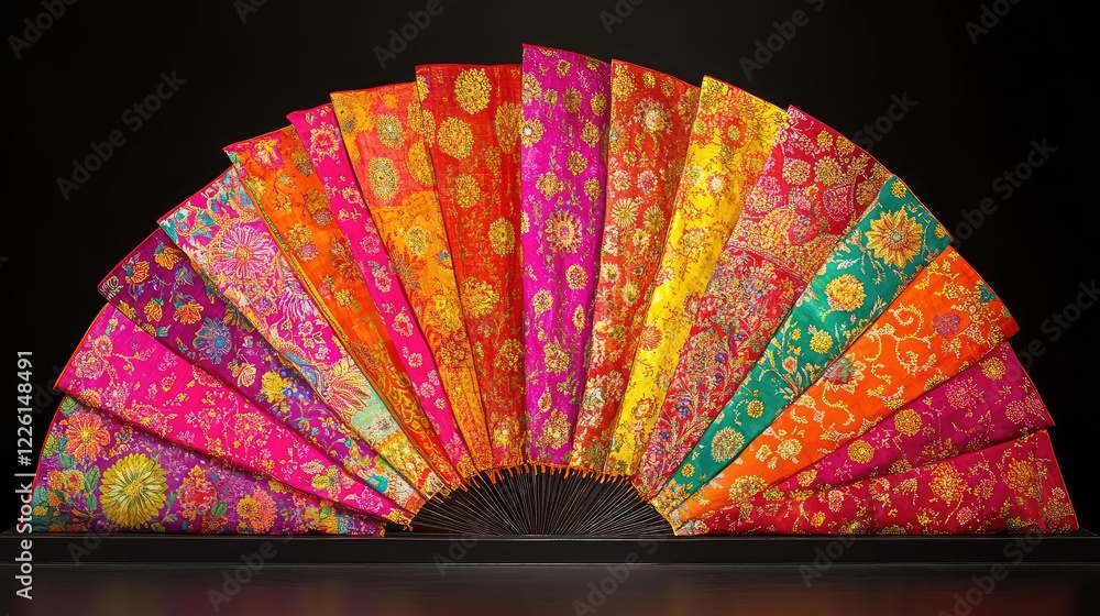 Poster a display of colorful phulkari dupattas arranged in a fan shape, showcasing their vibrant patterns.