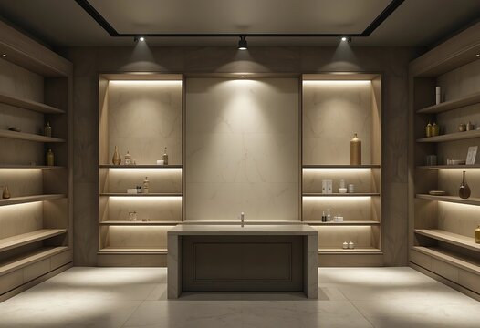 Modern minimalist bathroom with built in shelving and vanity