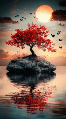 Vibrant red tree on a rocky island reflecting in calm water with a dramatic sunset and silhouettes of flying birds creating a serene and picturesque landscape.