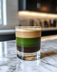 Layered beverage with coffee, matcha, and a creamy top in a clear glass on a marble surface.