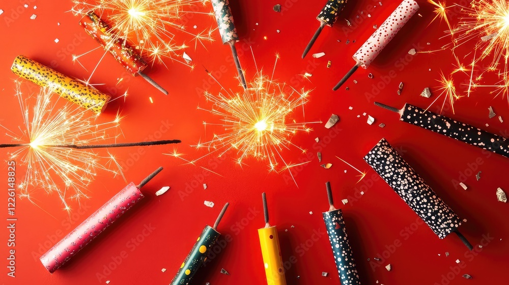 Aufkleber a flat lay of sparklers and firecrackers arranged on a bright red surface, leaving ample copy space.