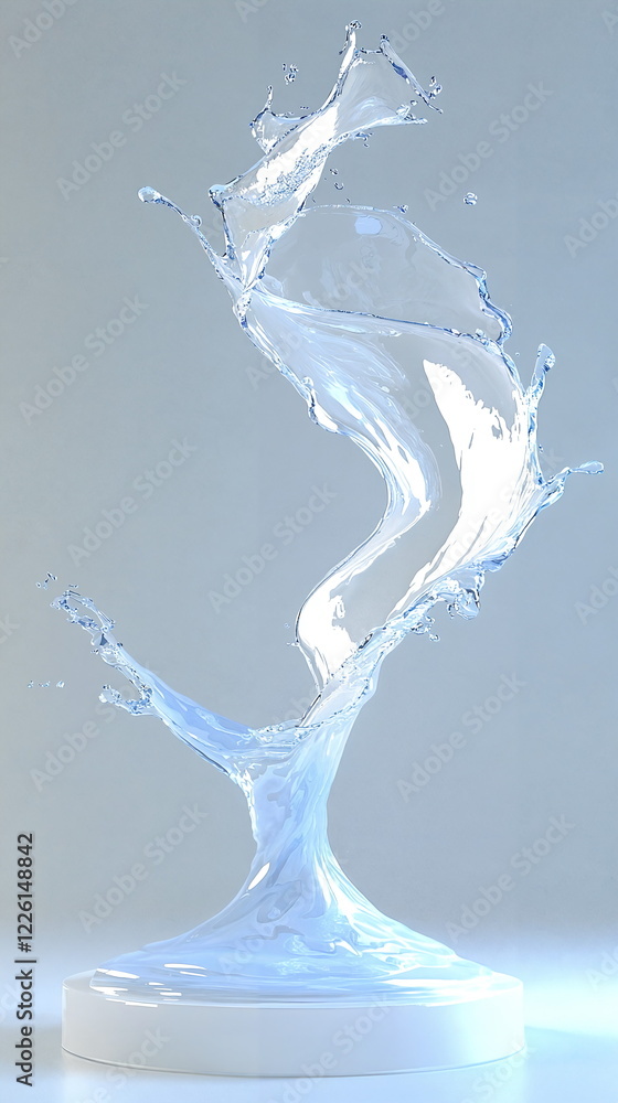 Poster swirling water splash artfully suspended in mid-air on a smooth, circular base with a light backgrou