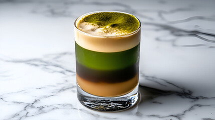 Layered beverage featuring coffee, matcha, and a creamy foam topping, presented in a short glass.