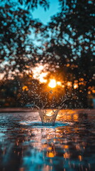 Obraz premium Golden sun setting behind trees, water splash creating ripples in reflective surface, warm colors blending with cool tones in nature's evening light.