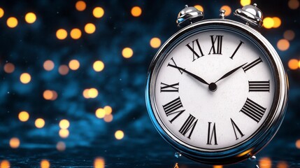 Classic Alarm Clock with Roman Numerals on Sparkling Background