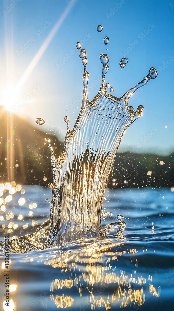 Poster sparkling water splash under sunlight with bokeh background creating a vibrant and refreshing natura