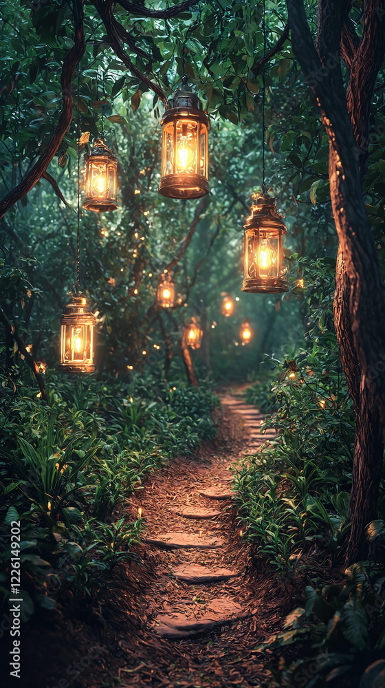 Poster glowing lanterns hanging from trees along a mossy path in a lush, green forest illuminated by enchan