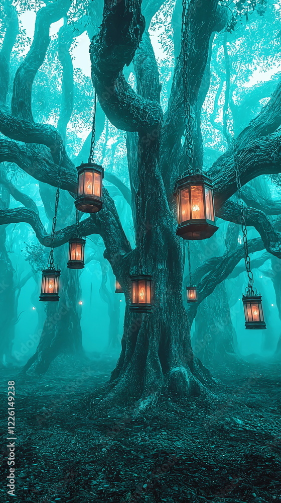 Poster glowing lanterns hanging from twisted trees in a mystical foggy forest creating an enchanting and se