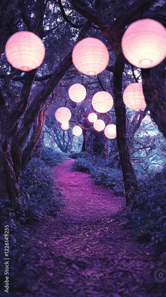 Poster luminous pink lanterns suspended in a mystical forest, illuminating a winding path surrounded by lus