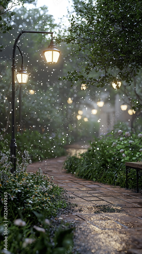 Aufkleber damp cobblestone path lined with glowing lanterns and surrounded by lush greenery under gentle rain,