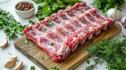 Fototapeta premium A rack of pork ribs placed on a cutting board with fresh herbs and garlic, styled for a clean food advertisement.