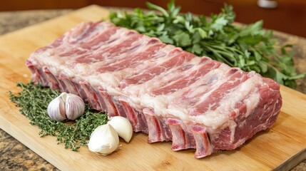 Fototapeta premium A rack of pork ribs placed on a cutting board with fresh herbs and garlic, styled for a clean food advertisement.