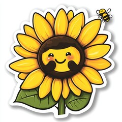 A cute sunflower featuring a smiley face surrounded by bright yellow petals and a buzzing bee. It conveys happiness and the simple beauty of nature.