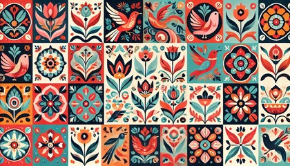 Intricate Folk Art Mosaic Featuring Birds and Floral Patterns in a Stunning and Harmonious Composition of Colors and Shapes
