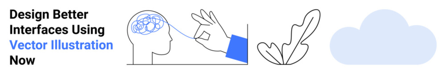 Abstract head with interconnected lines, hand emphasizing ideas, decorative plant, and cloud. Ideal for creativity, innovation, user interface, brainstorming, education technology flat landing page