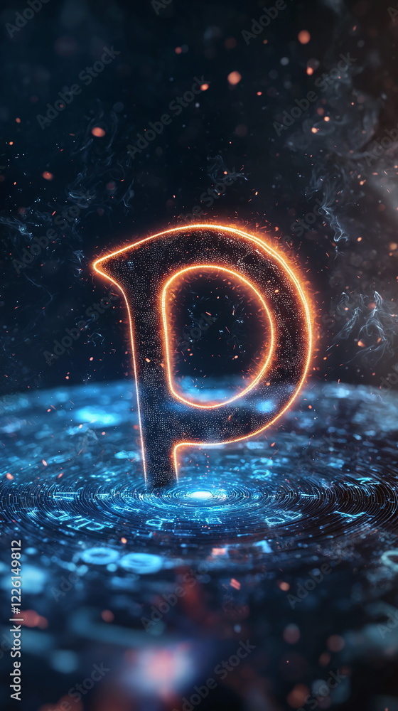 Poster glowing letter p amidst swirling digital particles and illuminated circular patterns in a dark, cosm