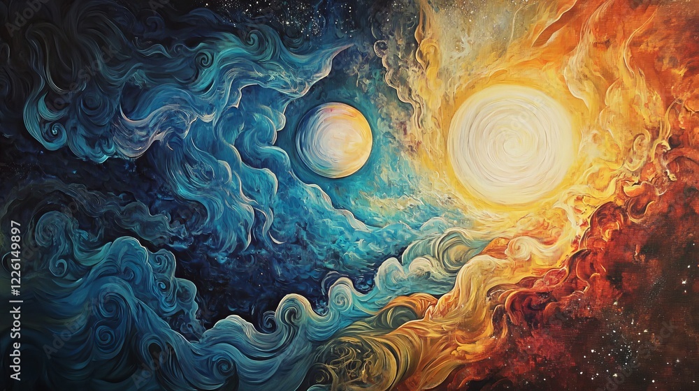 Poster a vibrant cosmic scene featuring swirling patterns of light and color, depicting a sun, planet, and 