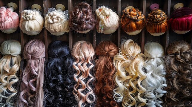 Wigs featuring a range of hairstyles are showcased on a salon shelf