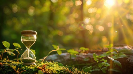 Close up concept of hourglass on rocks with out of focus green bokeh from natural forest.
