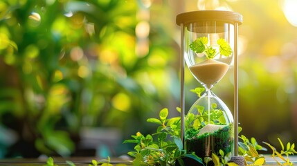 Hourglass with green plants in beautiful natural environment