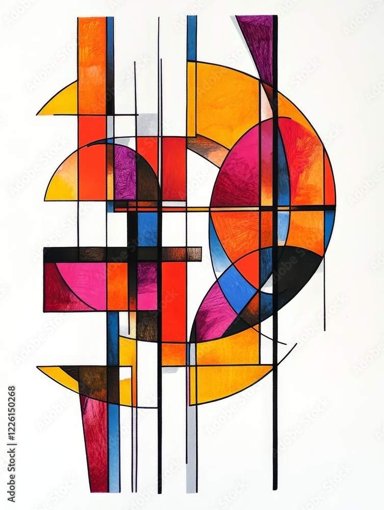 Poster an abstract artwork featuring vibrant lines and curves weaving through a complex grid of warm colors