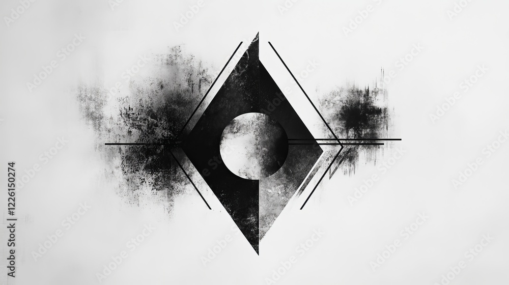Poster a monochrome piece of abstract art juxtaposing stark geometric shapes and raw textured elements, com